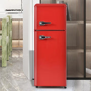 Frigorifero retrò; frigorifero congelatore; doppia porta; volume totale 92L; congelatore 28L; mensole alle porte; scaffali in vetro; luce LED; efficiente energetico; rosso