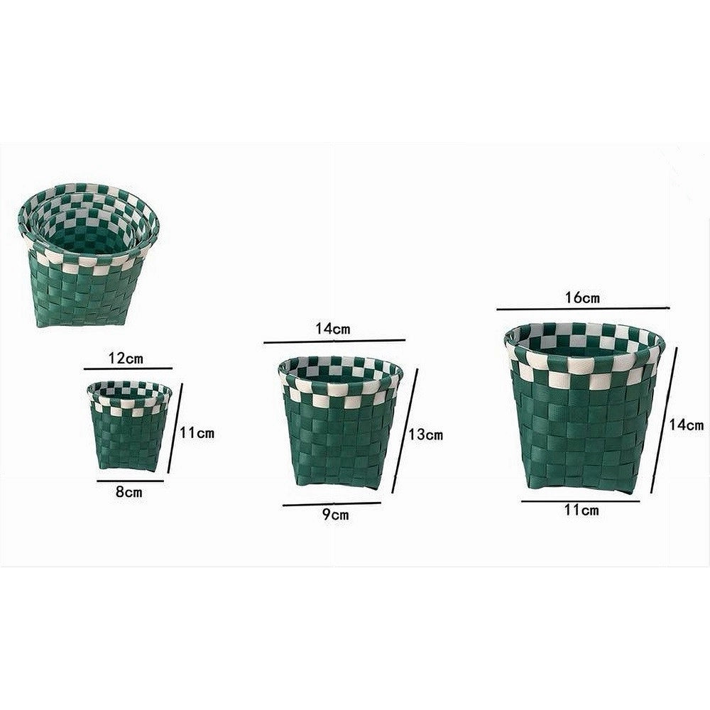 Trade Shop - Set 3 Cestini Porta Oggetti Organizer Tessuto Bagno Rotondi Verde Bianco 59078 -