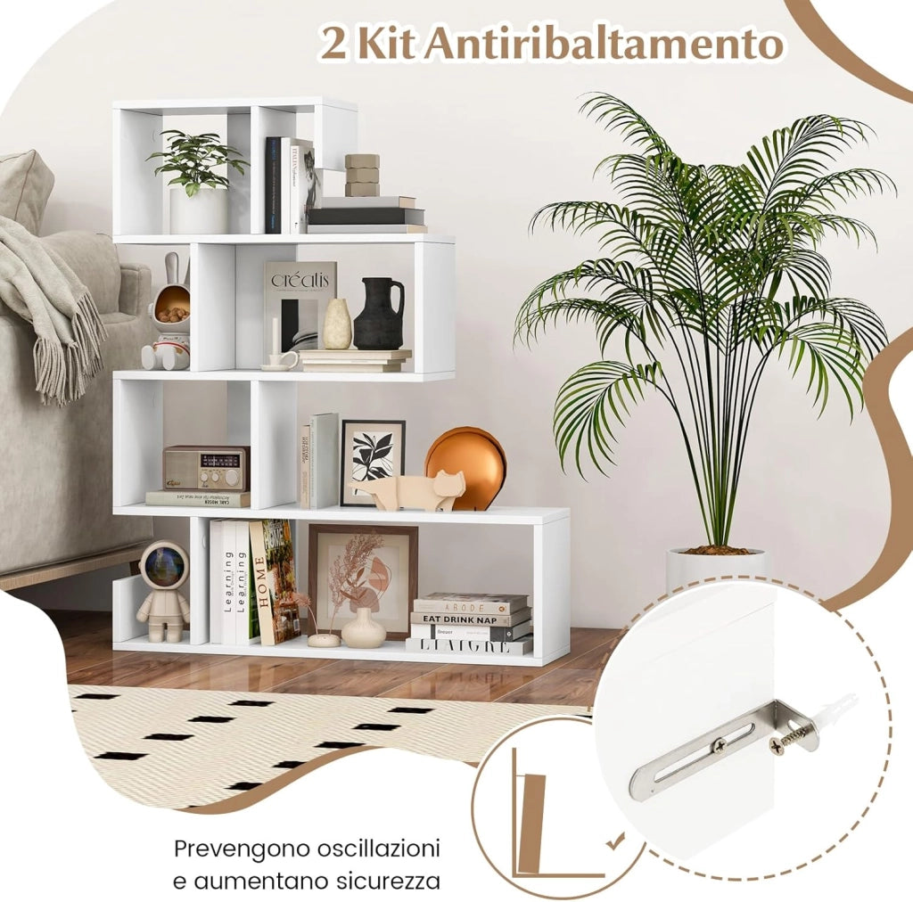 Libreria a Forma di S a 4 Ripiani, Scaffale Aperto Portaoggetti in Legno, Scaffale Verticale Separatore Multifunzionale, per Camera da Letto, Studio, Soggiorno, 80 x 22 x 100 cm (Bianco)