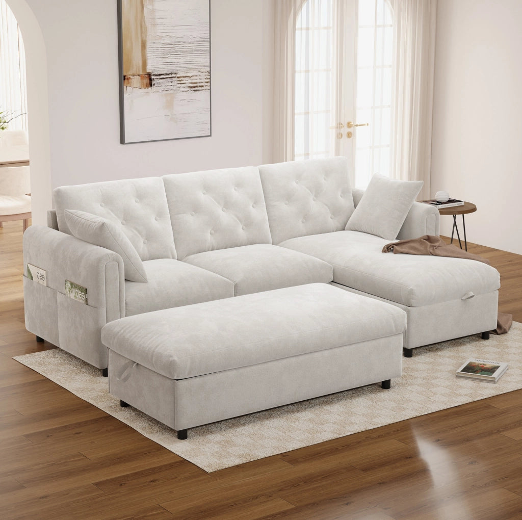 Divano beige con chaise longue e pouf contenitore