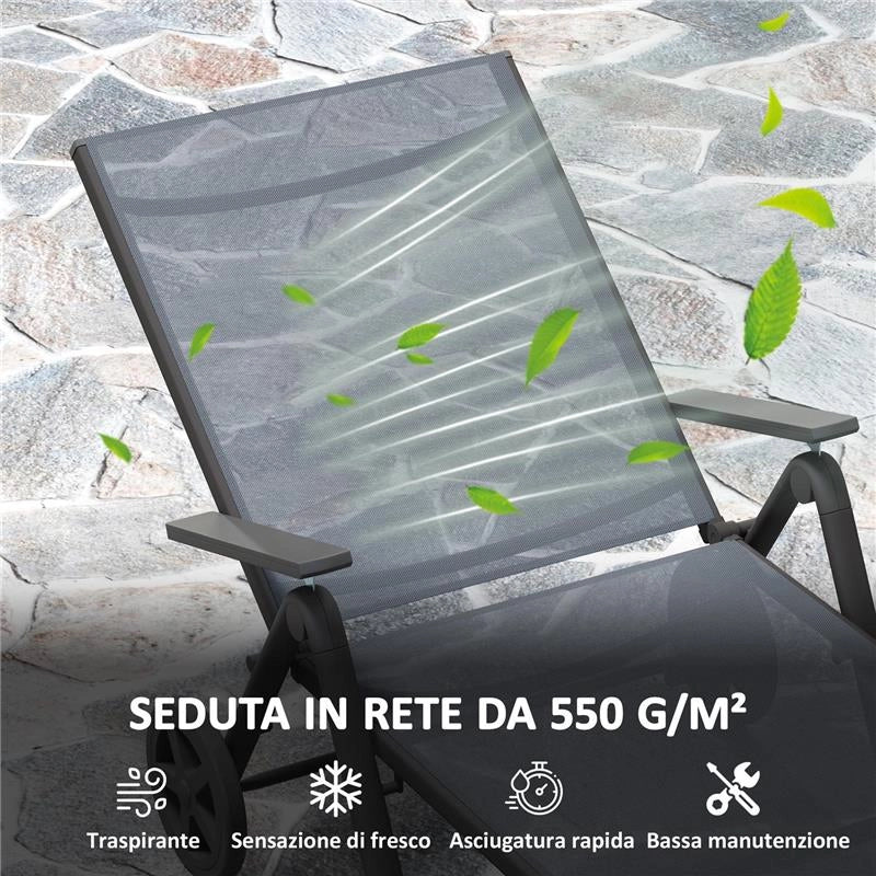 LETTINO SDRAIO PIEGHEVOLE E RECLINABILE IN 5 POSIZIONI CON ROTELLE, IN METALLO E TEXTILENE, 72X158X84 CM, GRIGIO