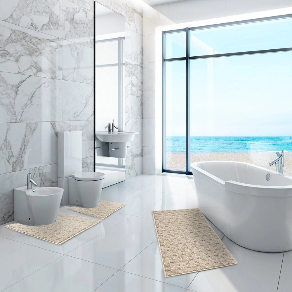Tappeto Bagno Morbido Assorbente Antiscivolo 3D Intrecciato Lavabile Set 3 Pezzi Beige