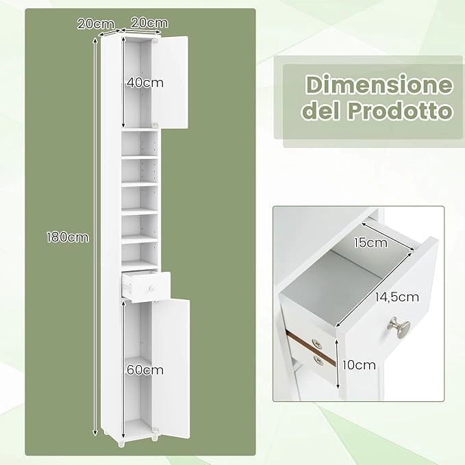 Armadio da Terra Alto, Mobile Colonna Bagno con 2 Ante 1 Cassetto e 5 Ripiani Regolabili, Mobile Bagno Salvaspazio per Bagno Soggiorno Camera da Letto, 20x20x180cm (Bianco)