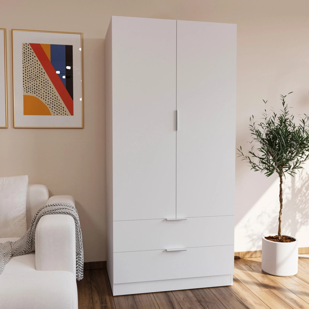 Armadio Per Camera Da Letto Con Appendiabiti 2 Ante Con Maniglie In Metallo E 2 Cassetti Multiuso Ideale Per Arredare La Tua Stanza 180 X 81 X 52 Cm Colore Bianco