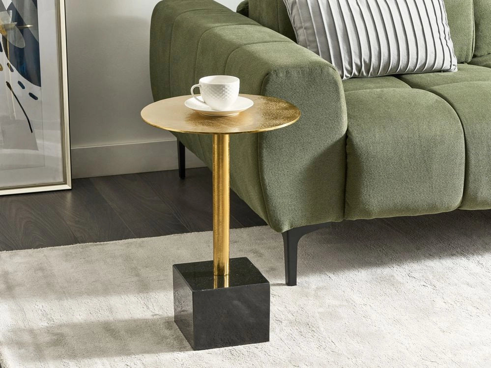 Tavolino moderno rotondo di forma geometrica con piano in metallo e base in pietra nero e oro soggiorno salotto
