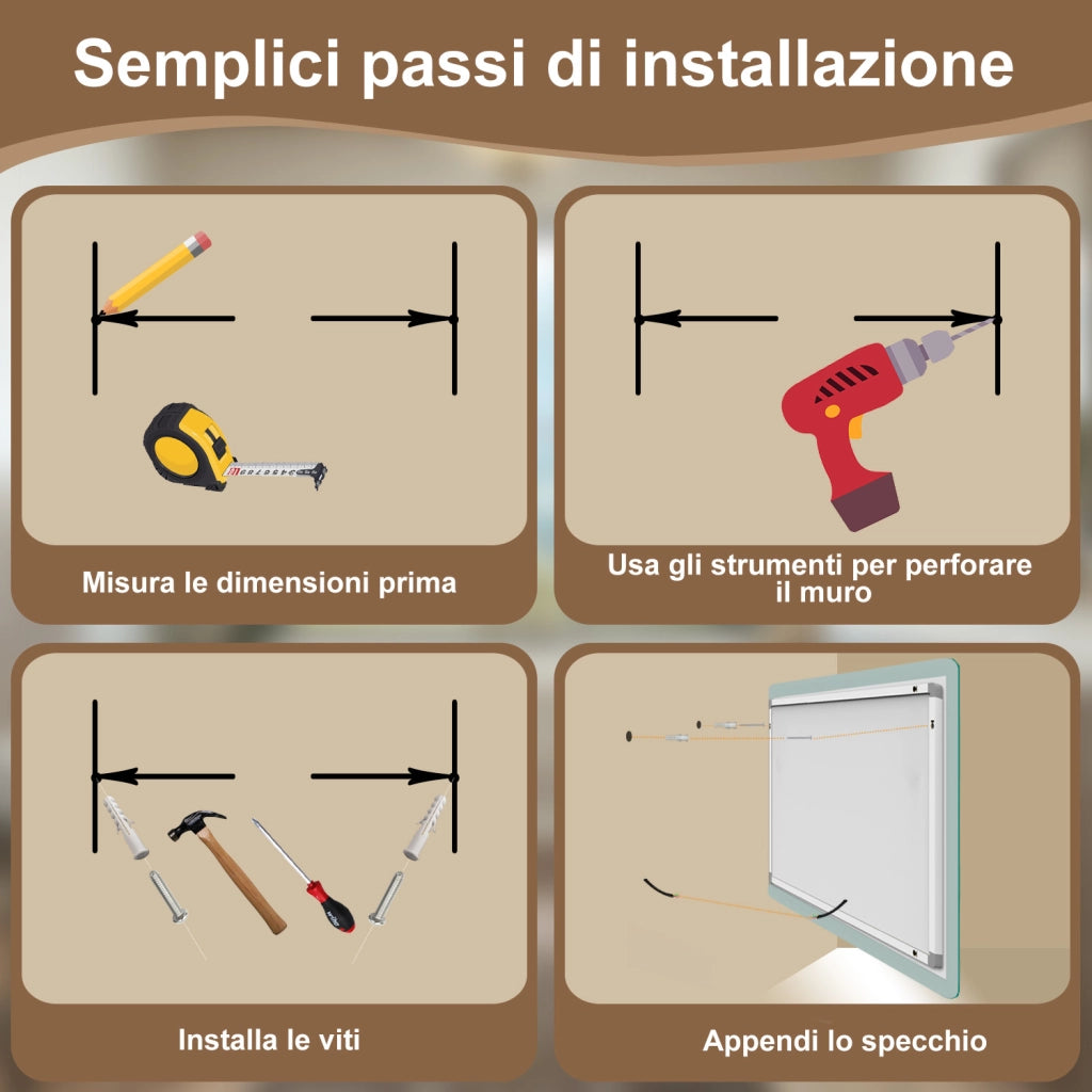 80×60 cm Specchio da Bagno Rettangolare a LED Specchio da Toeletta Specchio da Parete, Luce Bianca 6000K, Anti-fog, Touch