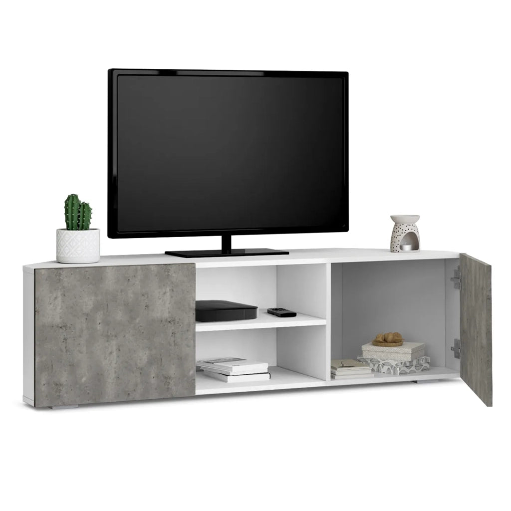 IDMarket - Mueble TV esquinero ELI blanco con puertas efecto hormigón 110 cm