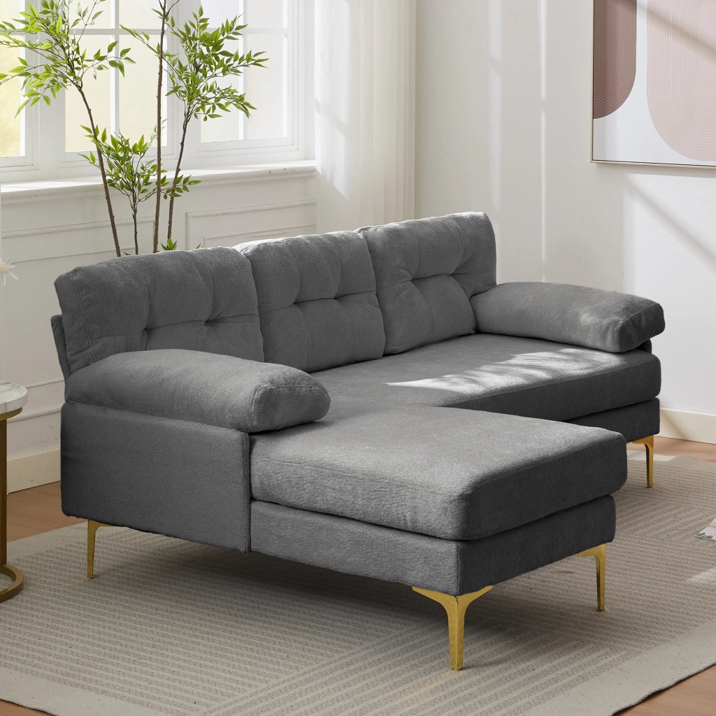 Divano angolare reversibile a 3 posti con cuscini imbottiti e braccioli, in legno e chenille grigio