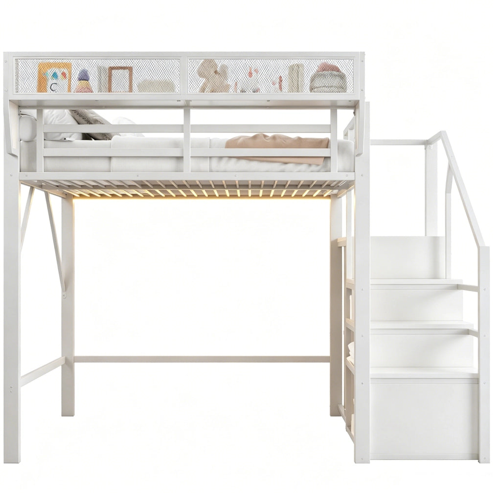 LETTO a soppalco 140x200 cm in metallo bianco con LED