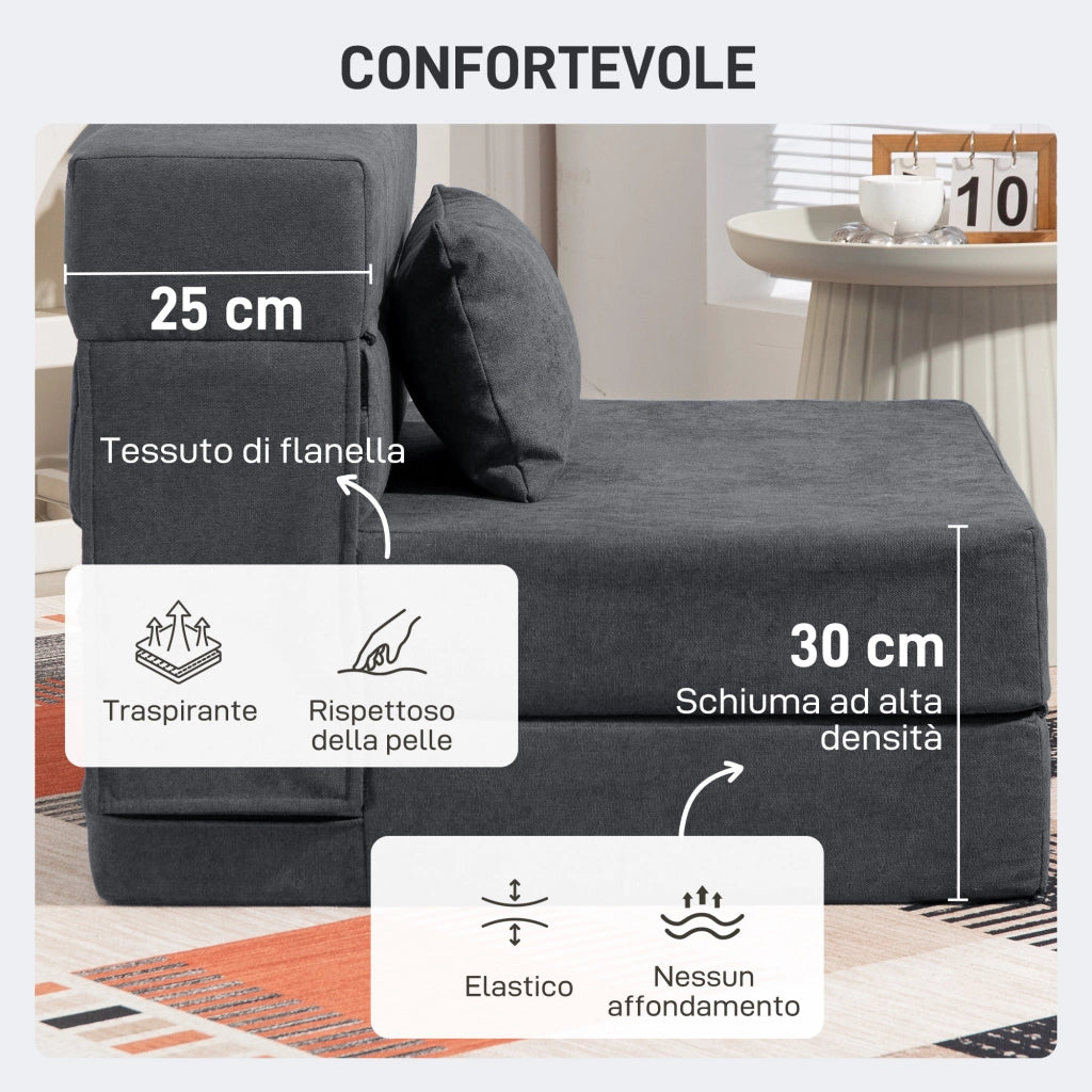 Poltrona Letto Pieghevole Convertibile in Chaise Longue 80x80x64 cm con Materasso in Velluto Grigio Scuro