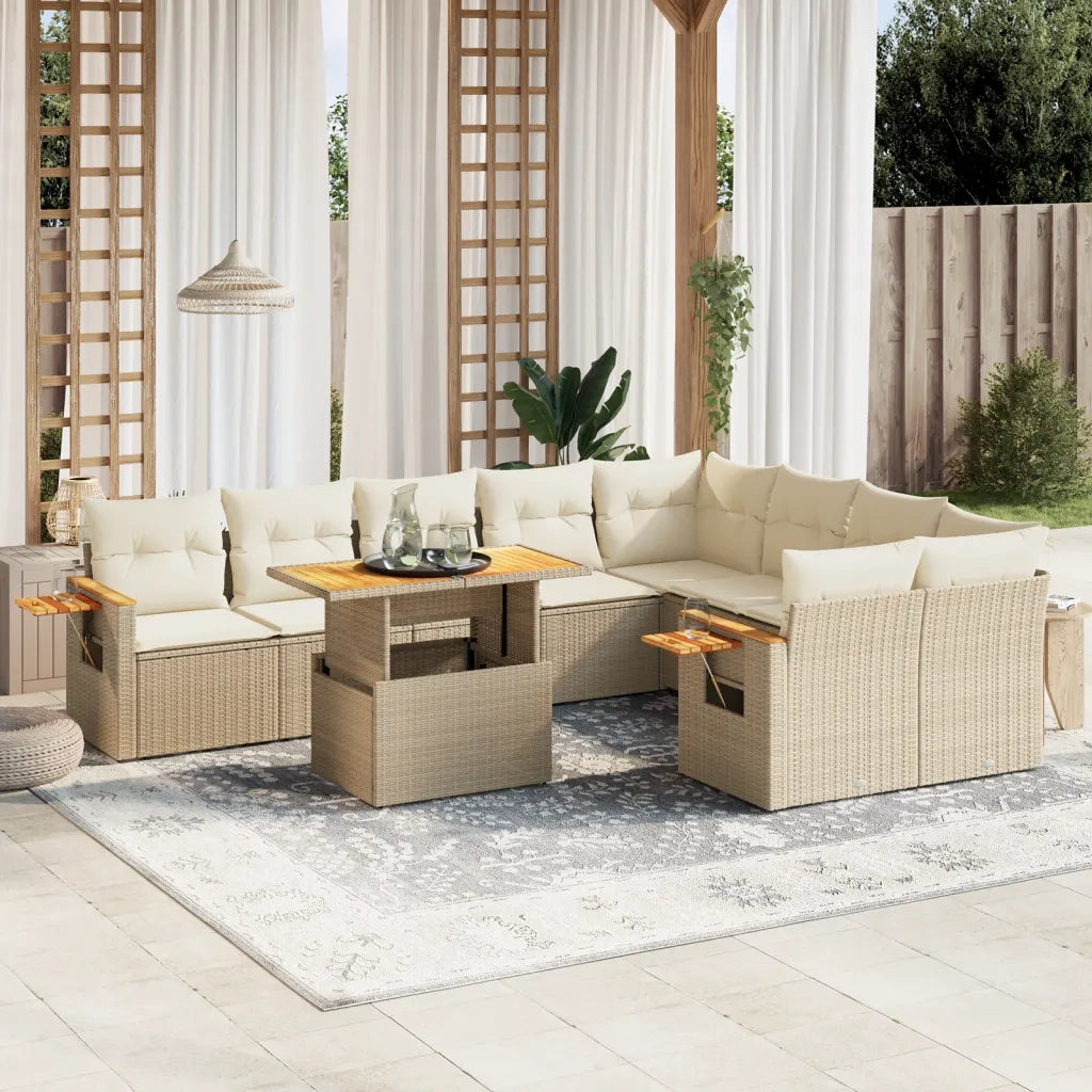 Set Divano da Giardino 10 pz con Cuscini Beige in Polyrattan