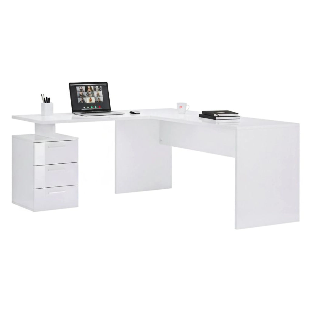 Ascuby, Scrivania Angolare Made in Italy, 180x60x75h cm Bianco Lucido