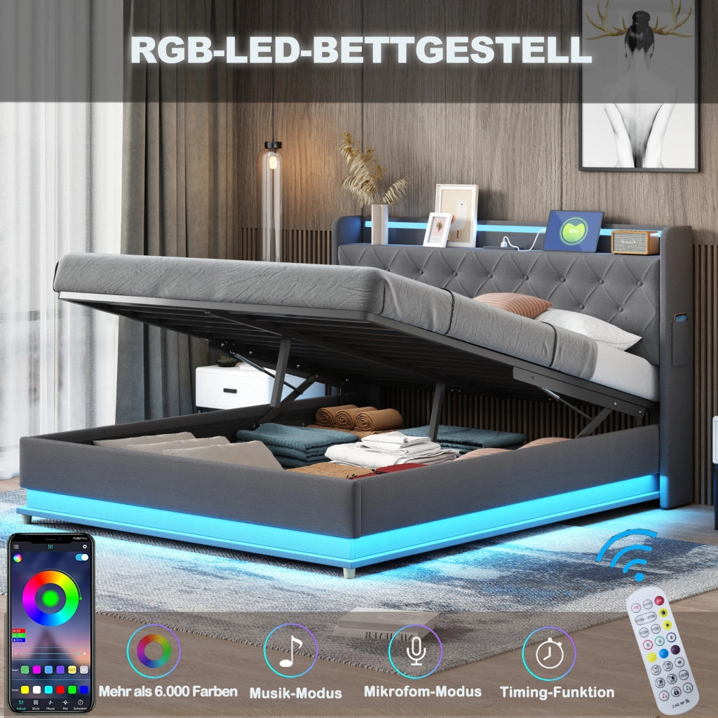 LETTO Imbottito 140x200 cm Grigio con LED, USB e contenitore idraulico