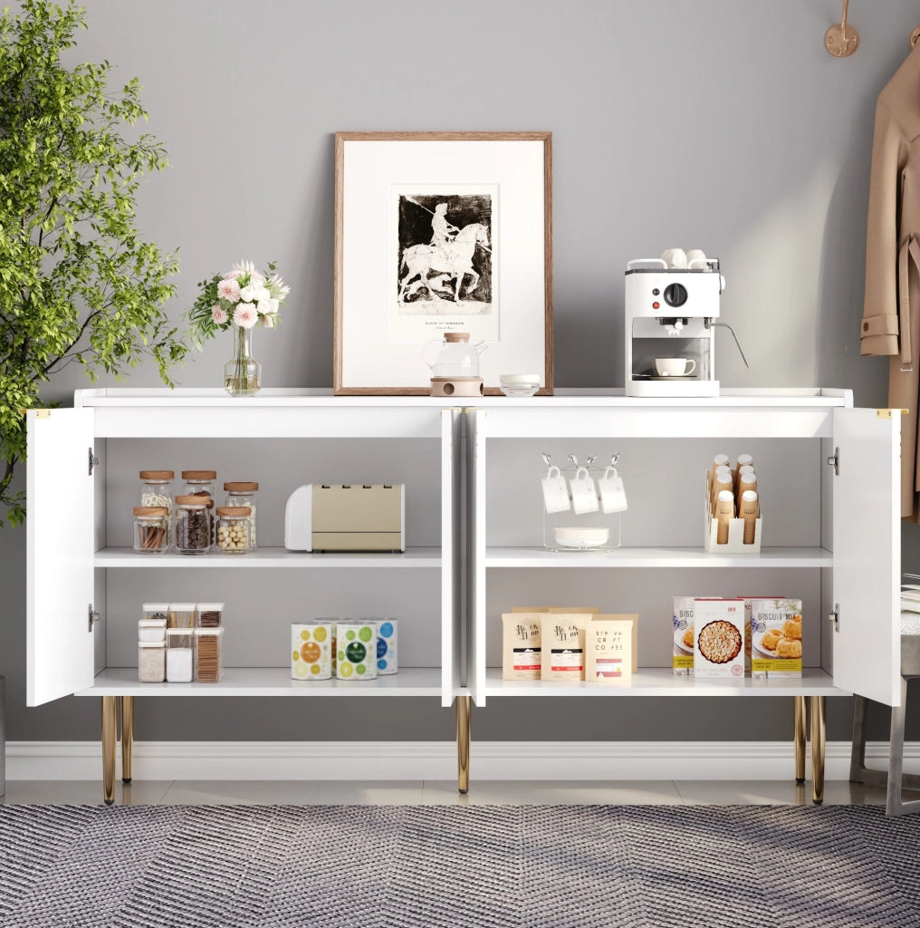 Credenza moderna bianca 140 cm con 4 ante e gambe dorate