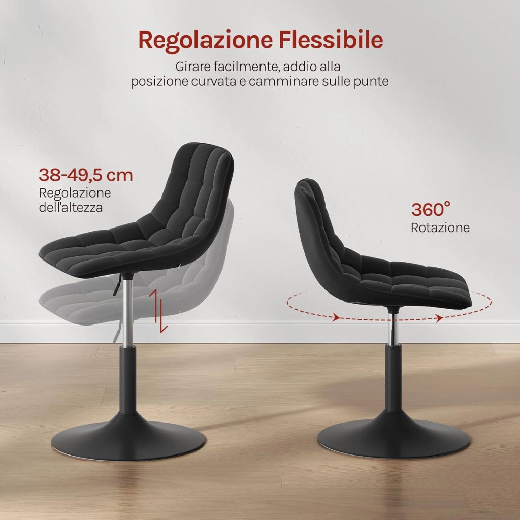 Sgabello da trucco Sedia Alta da Cucina sgabello cucina con Schienale Altezza Regolabile Girevole 360° in Velluto Nero, 38-49.5cm, BH300sz-1