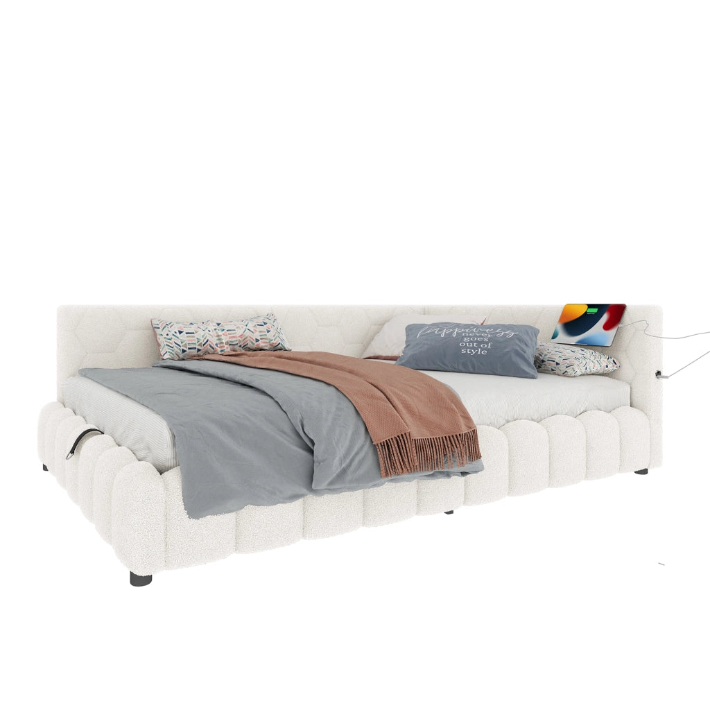 Letto a Divanetto 140x200 cm; Contenitore; USB; Type C e LED; in Vliesimitat; Bianco