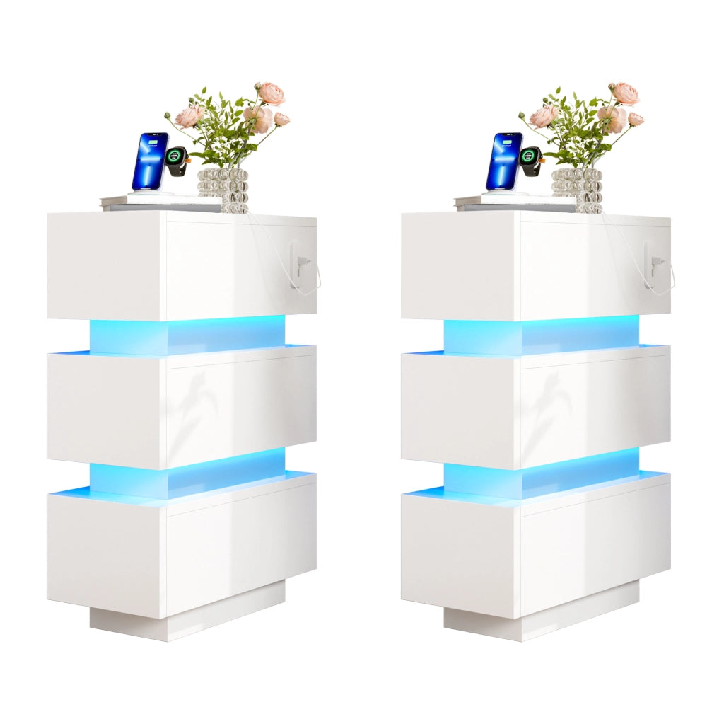 Set di 2 comodini stretti con 3 cassetti; USB e Type-C; LED; 20x40x59;5 cm; bianco