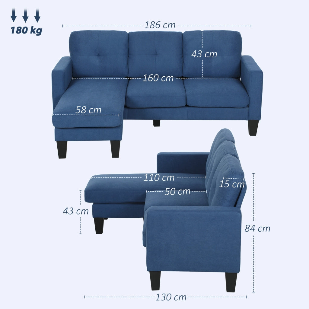 Divano Angolare 3 Posti con Chaise Longue Reversibile ¨C Zephmum ¨C Blu Tessuto Trapuntato