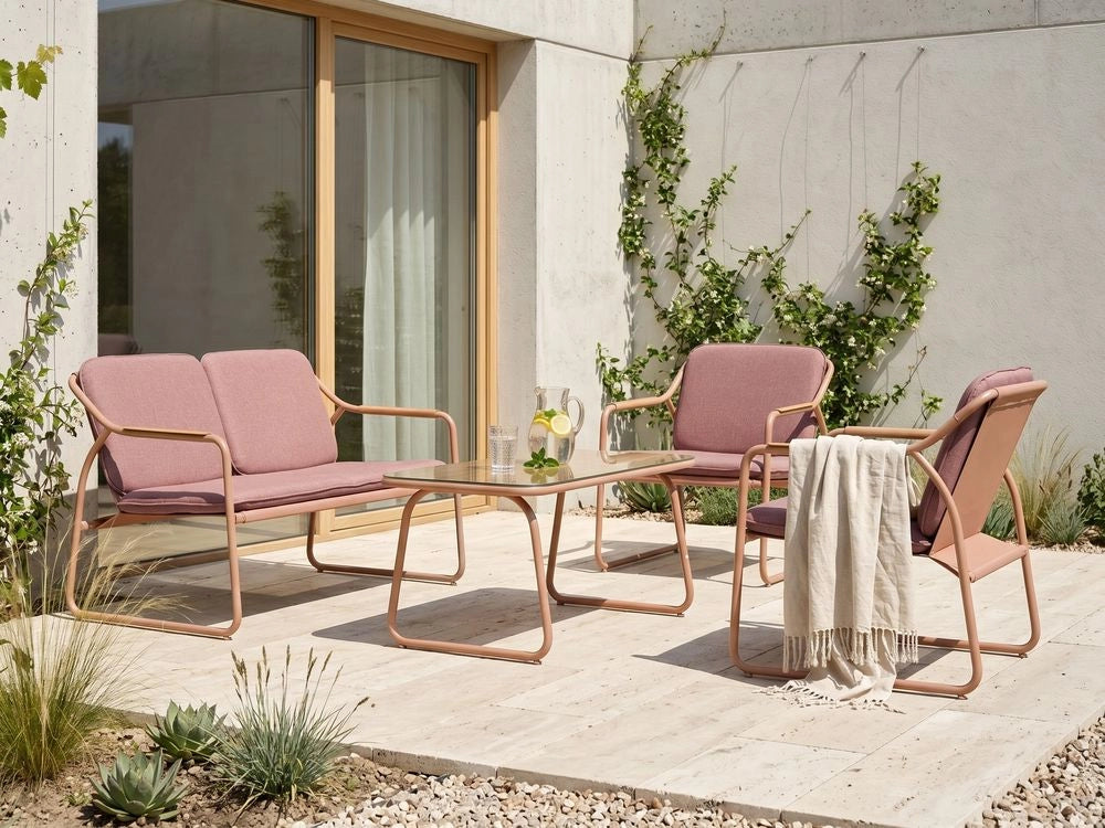 Set da Giardino con Divano 4 Posti in Acciaio Marrone con Cuscini in Olefina e Tavolino da Caffè in Vetro Temperato dal Design Moderno