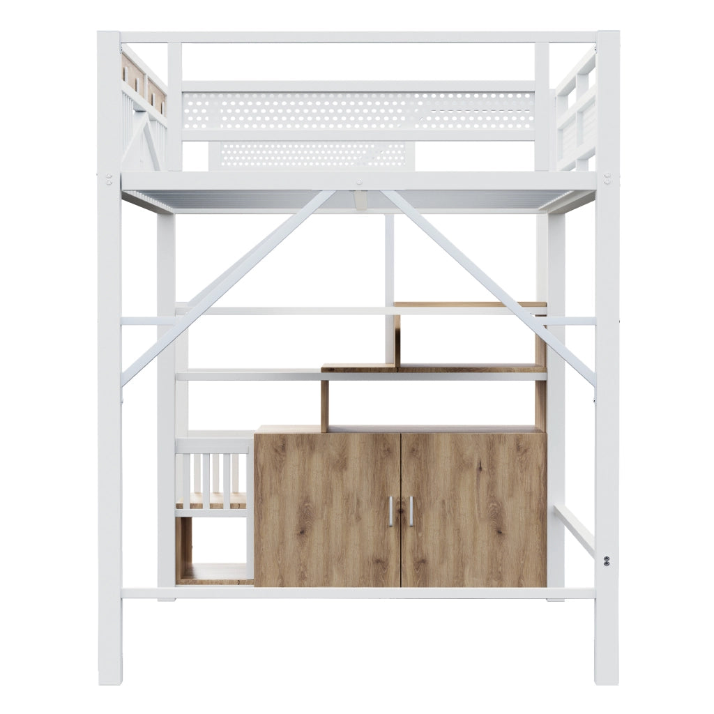 OKWISH Letto a Soppalco 140×200 cm, Letto Matrimoniale con Scala Contenitore, Armadietto e Sponda con Finestra, senza Materasso, Bianco