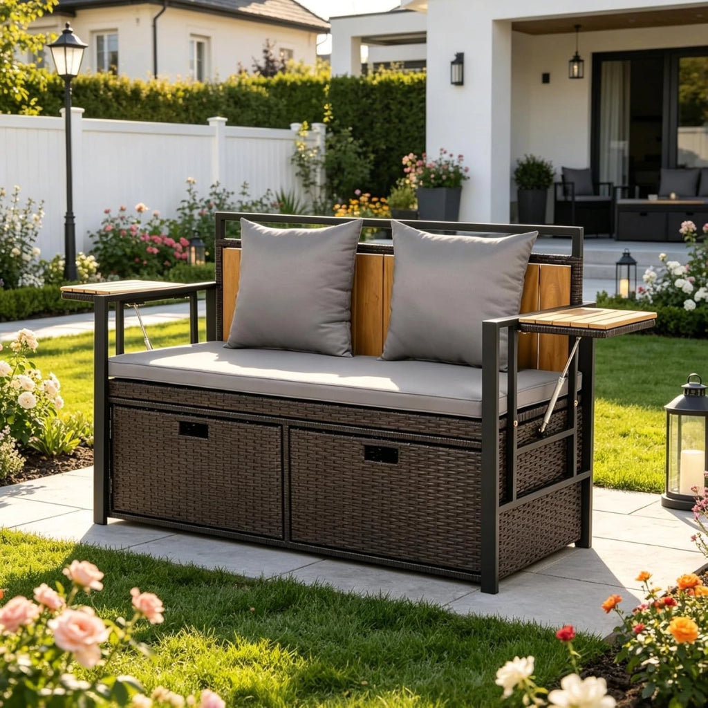 Divano da Giardino 2 Posti, Panchina da Esterno in Rattan PE con Contenitore, Cuscini Imbottiti e Tavolini Pieghevoli, Salotto da Giardino per Balcone e Terrazza, 120 x 51 x 82 cm (Grigio)