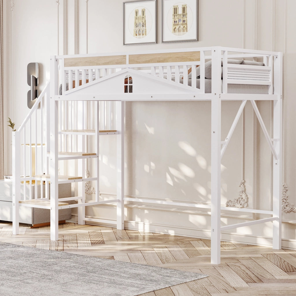 Letto a castello in metallo e legno bianco con recinzione di sicurezza e finestra 90x200 cm