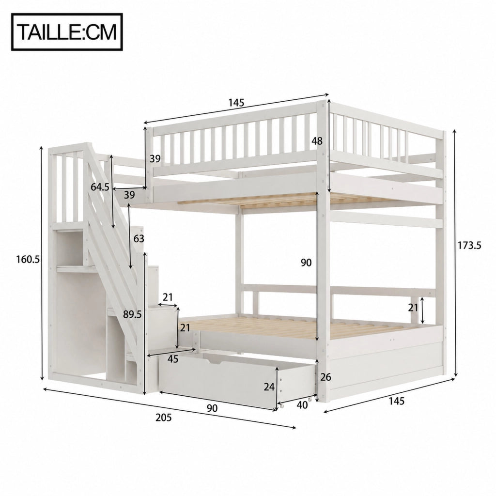 DESMIU Letto a Castello 2 Posti con Scala Contenitore, Cassetto e Sponde Alte, 140 × 200 cm, Senza Materasso