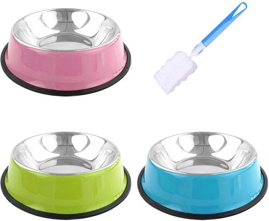 Kit per animali 3 pezzi - Acciaio inossidabile - Antiscivolo - Spazzola per pulizia - Diametro 15 cm - Adatto per diversi tipi di animali domestici - Mangiatoia