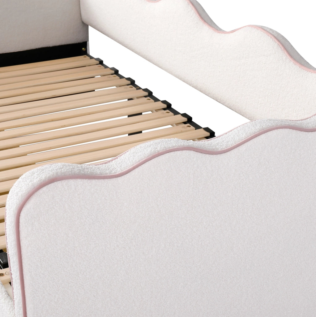 Letto daybed estraibile 90x200 cm con rete; 2 cassetti e porte USB; boucl茅 beige