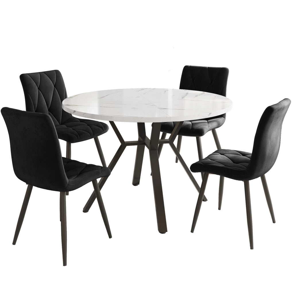 Tavolo da pranzo rotondo per 4 persone con 4 sedie ergonomiche, piano in MDF effetto marmo e base in metallo, nero