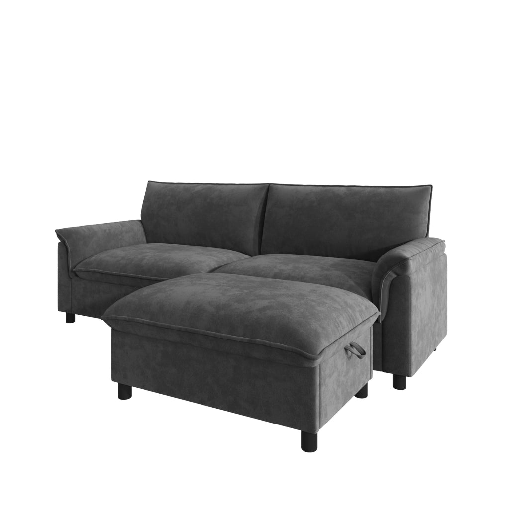 Divano modulare in ciniglia grigio con pouf contenitore 216 cm