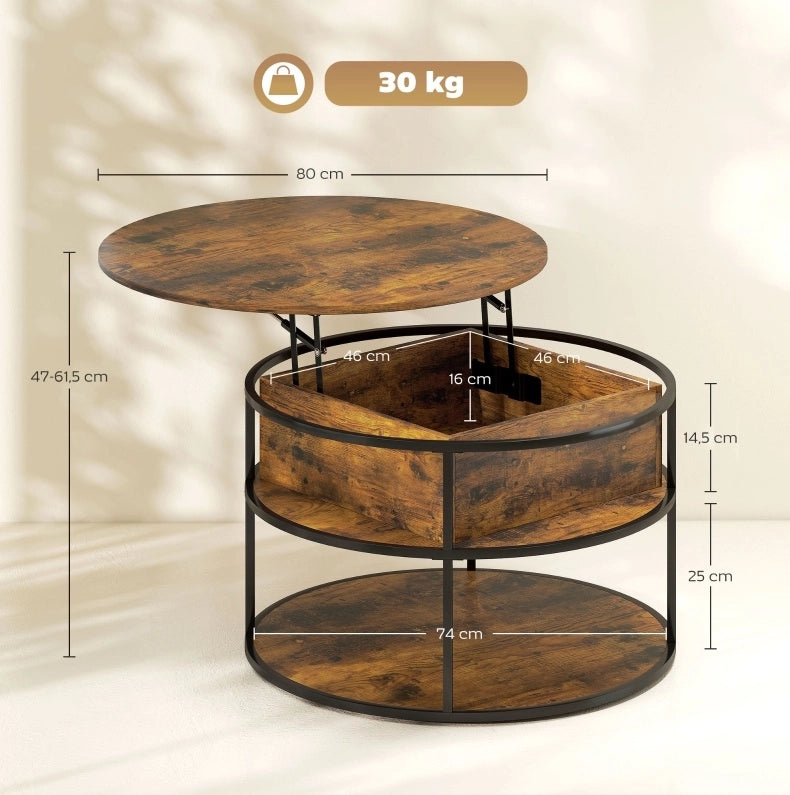 Tavolino da caffè rotondo elevabile Ø80 cm marrone