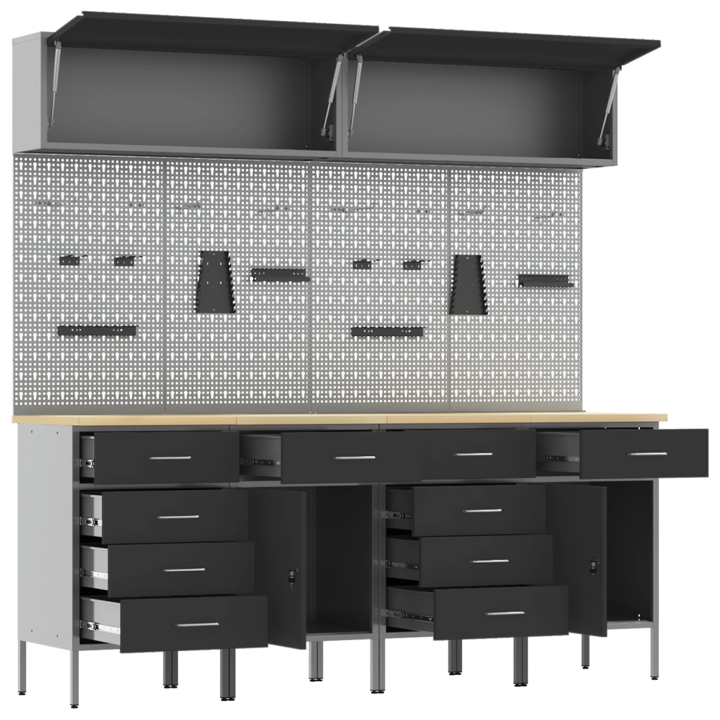 Set di Armadietto da Lavoro e Pannello Forato da 10 Pezzi  in MDF e Metallo Nero