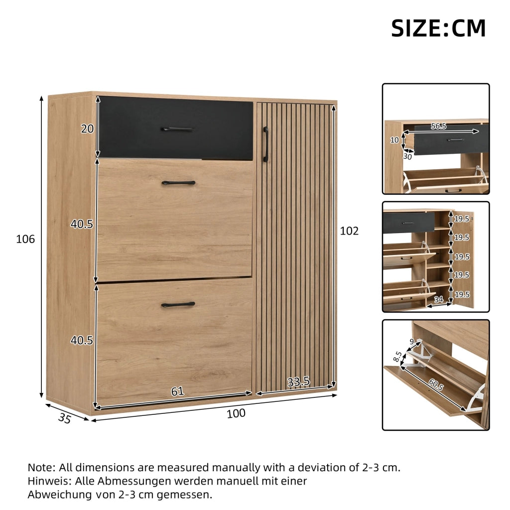 Scarpiera, mobile da ingresso, scarpiere a ribalta, con cassetti, 100 x 35 x 106 cm, color legno naturale e nero