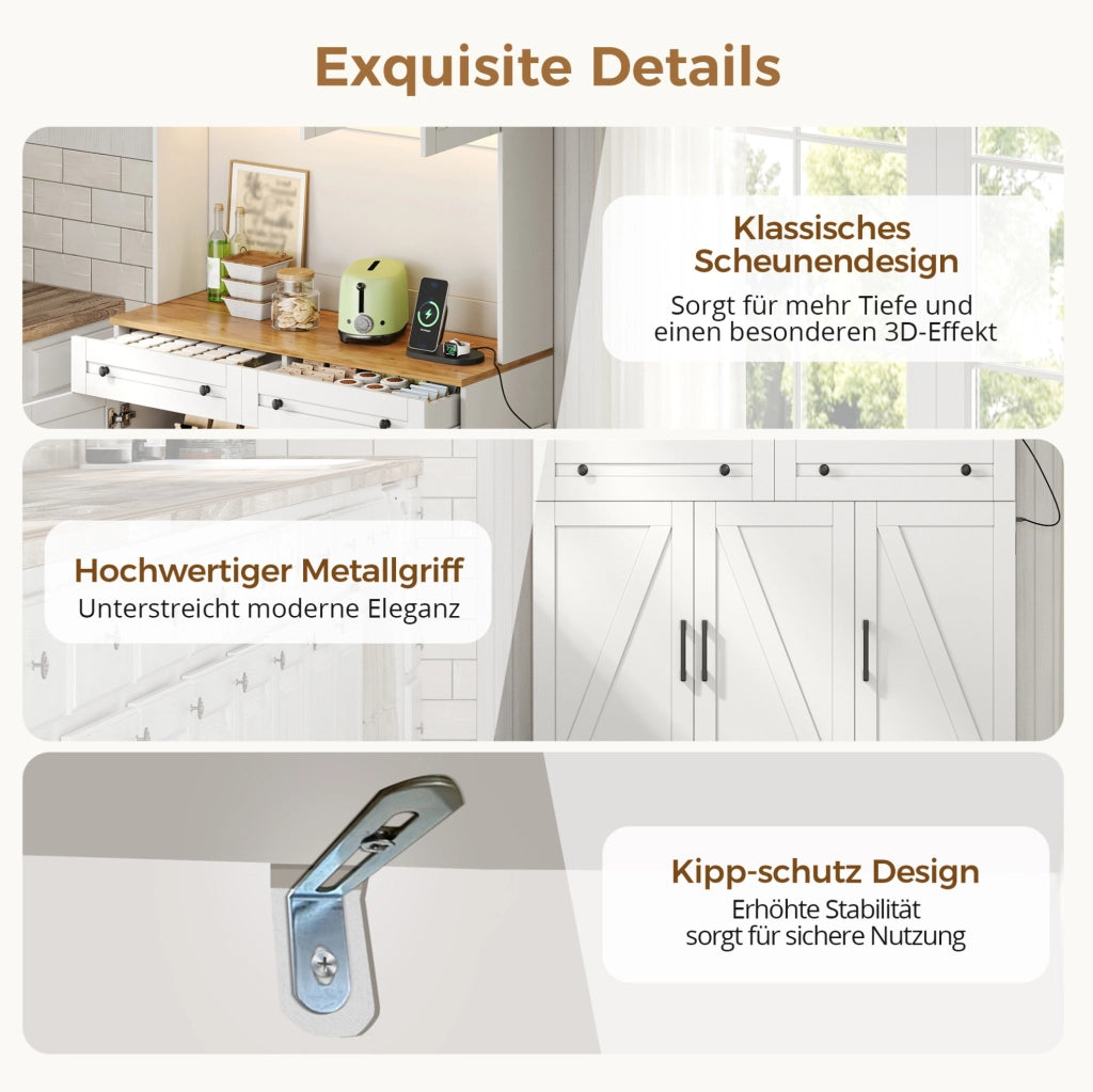 Mobile da cucina 100x40x180 cm con LED RGB; prese USB e 2 cassetti in MDF naturale e bianco