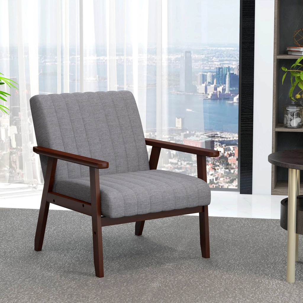 Poltroncina da Camera Moderna Imbottita in Tessuto e Legno con Cuciture Tubolari, Grigio