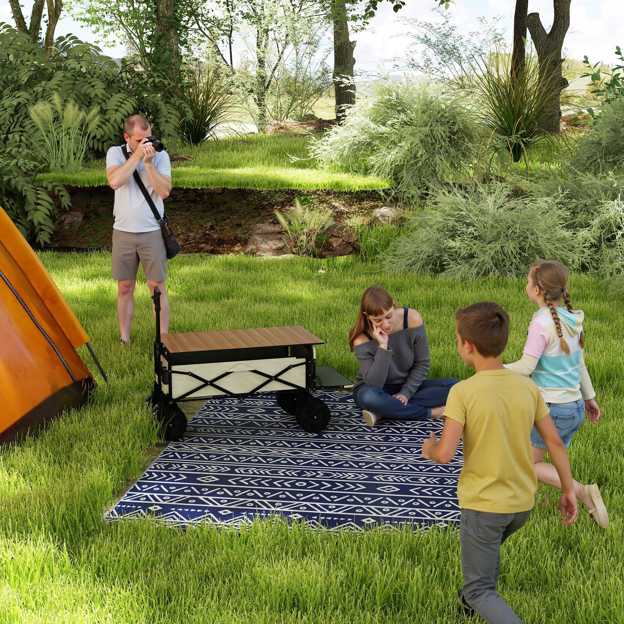 Tappeto da Esterno Reversibile 182x274 cm con Motivo Geometrico e Borsa Inclusa Blu e Bianco