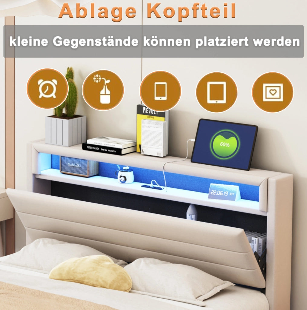Letto imbottito beige 140 x 200 cm con USB e luci LED
