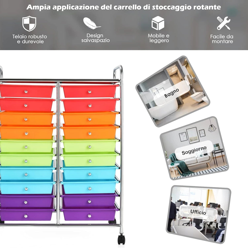Carrello di Stoccaggio con 20 Cassetti, Carrello portaoggetti con 4 Ruote, Carrello Multiuso per Scuola Ufficio Cucina, 64 x 39 x 88 cm (Colorato)