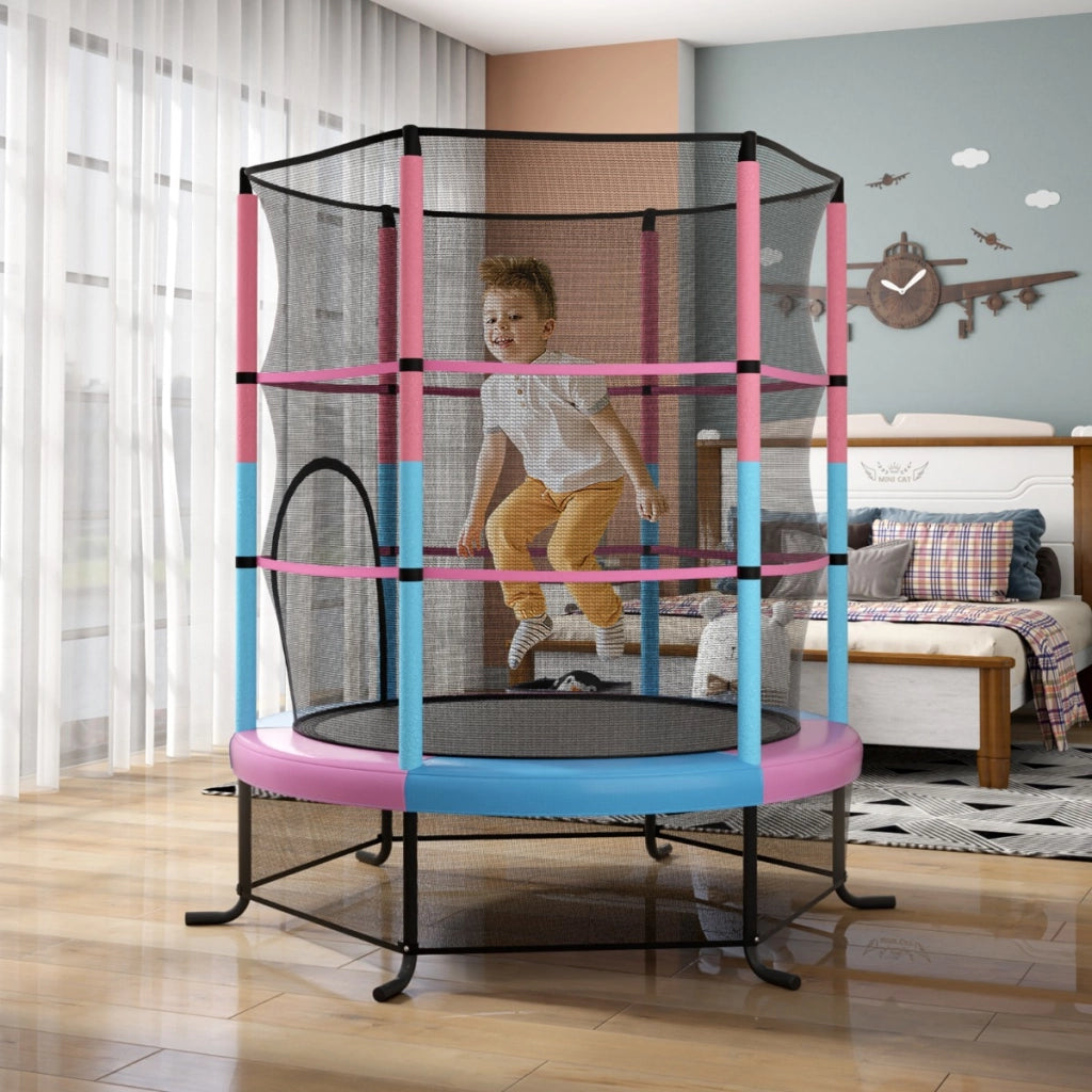 Tappeto elastico per bambini con rete di sicurezza in acciaio resistente, Tappeto elastico con struttura Rosa