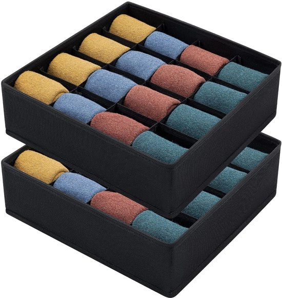 Set da 2 contenitori per magazzino pieghevoli per calze e intimo, 16 contenitori pieghevoli (contenitori pieghevoli, ripartitori di cassetto, organizzatore di cassetto) contenitori in tessuto per la conservazione delle calze (nero)