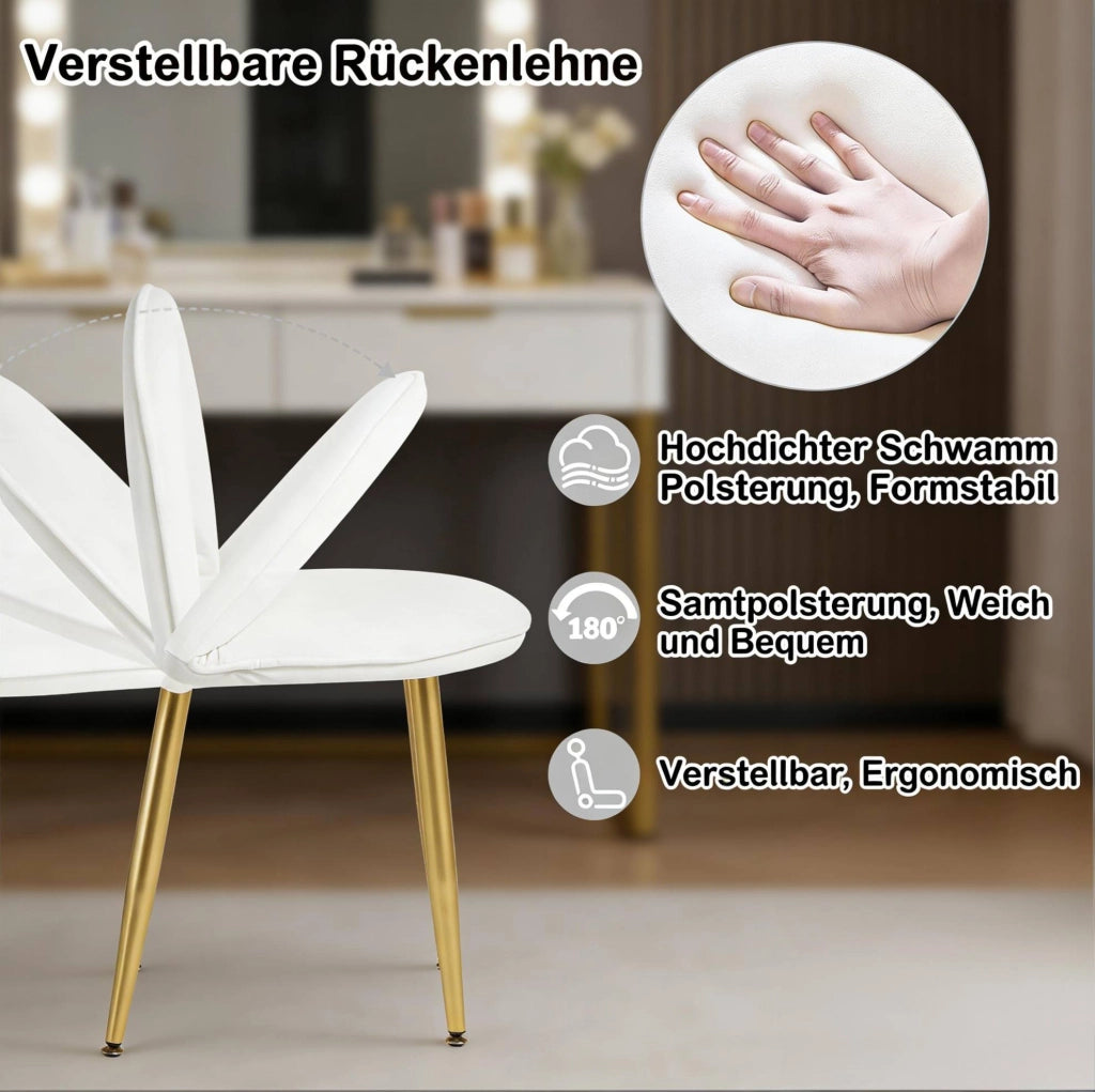 Tavolo trucco con specchio LED, 3 cassetti e sedia