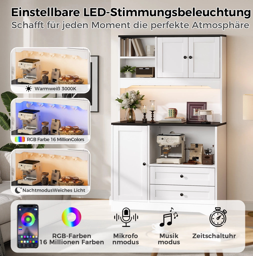 Mobile cucina multifunzione bianco con LED, prese USB e vano microonde