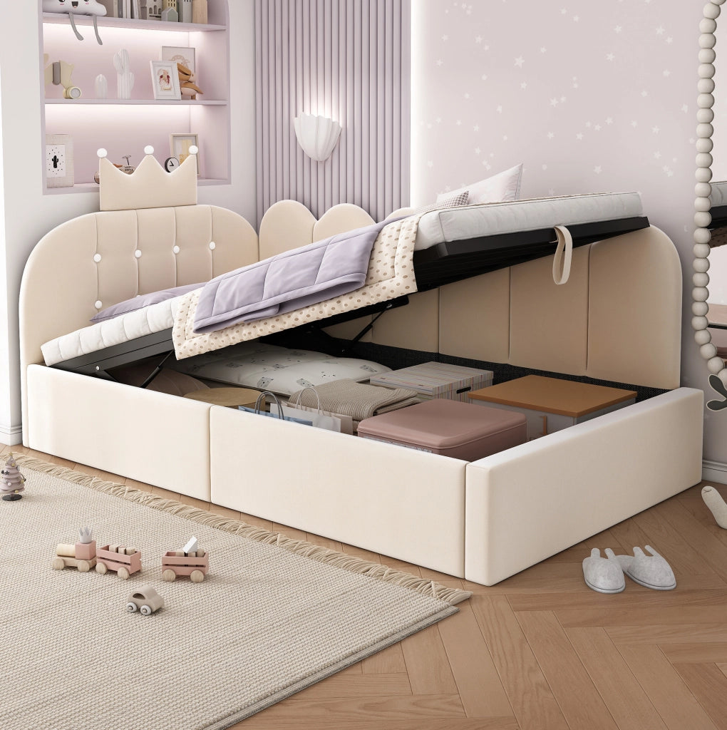 Letto daybed 90x190 cm in velluto beige con contenitore idraulico