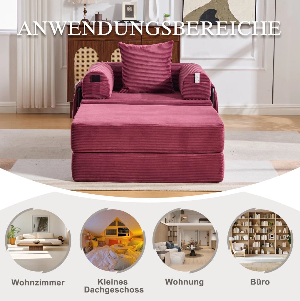Divano modulare in velluto a coste con pouf e cuscino; 112 × 190 × 67 cm; rosso vino