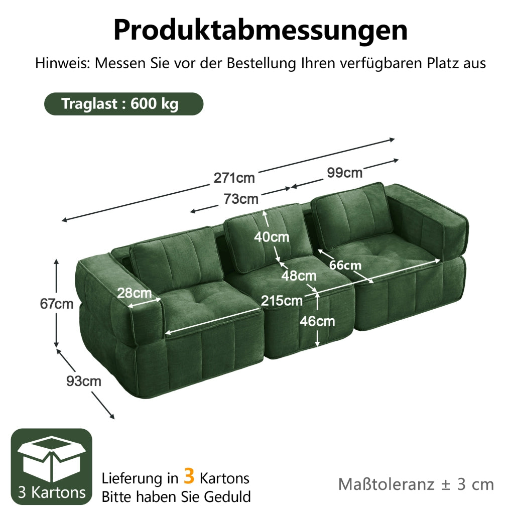 Divano modulare a 3 posti in poliestere con seduta profonda e base antiscivolo, verde 271 × 93 × 67 cm