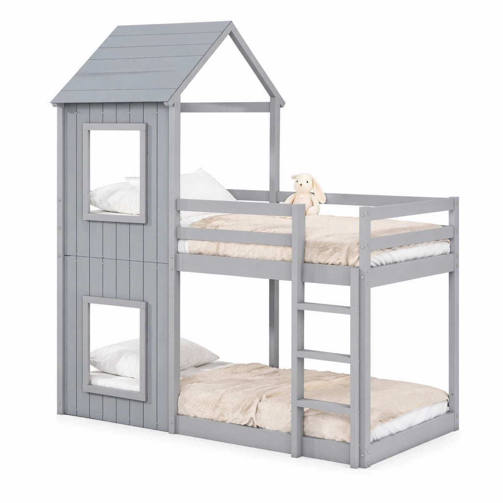 Letto a castello per bambini 90x200 cm in legno di pino, color grigio, con struttura a casetta e scaletta