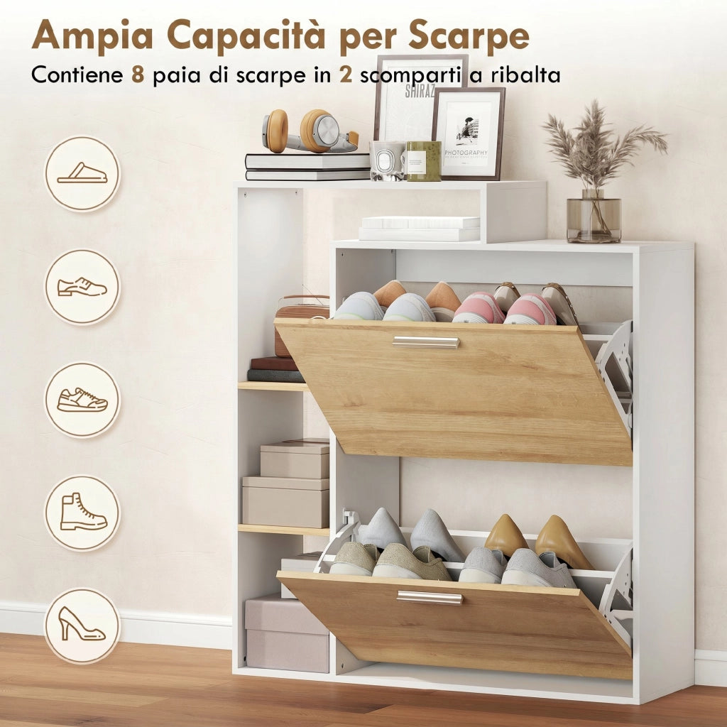 Mobile Portascarpe con 2 cassetti ribaltabili e ripiani. Bianco e Legno Naturale.