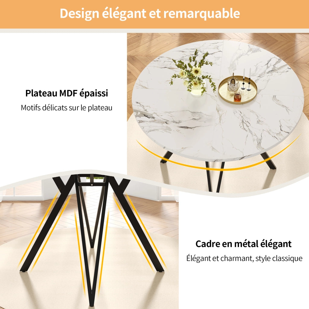 Tavolo da pranzo rotondo per 4 persone con piedi regolabili, finitura effetto marmo, in MDF, nero, 100 × 100 × 76 cm