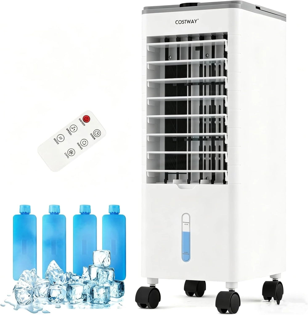 Condizionatore Portatile 3 in 1, Condizionatore d'aria Evaporativo portatile con Raffreddamento, Ventola e Umidificazione, 3 Velocità del Vento, 12H Timer, Doppio Serbatoio d'acqua(Bianco)